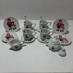 Adorable Vintage Children's Tea Set with Raggedy Ann and Andy Dolls Design